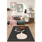 Pelangi Bohem İskandinav Tarz Vazoda Çiçekli Minimal Yıkanabilir Kaymaz Taban Leke Tutmaz Salon Halısı Yoluk, Siyah-Beyaz 80 x 50