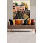 Pelangi Bostan Bahçeli Evler Desen Leke Tutmaz Kadife Dokulu Kumaş Duvar Örtüsü Duvar Halısı Tapestry WLL105, 35 x 50