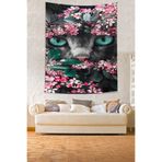 Pelangi Çiçekler İçinde Kedi Leke Tutmaz Kumaş Duvar Örtüsü Duvar Halısı Tapestry PNTR204, 140 x 230