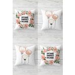 Pelangi Çiçekli Home Sweet Home Balon Gizli Fermuarlı Kırlent Kılıfı Koltuk Yastık Kılıfı Takım(4ADET), Pembe-Yeşil-Beyaz 45 x 45