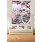 Pelangi Çiçekli Kahve İçen Kafatası Leke Tutmaz Kumaş Duvar Örtüsü Duvar Halısı Tapestry PNTR304, 140 x 230
