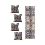 Pelangi Çini Desen Salon Mutfak Masa Değişik Ranır Modelleri Dekoratif 4'lü Kırlent Kılıfı ve Runner Seti, Mavi-Turuncu 40 x 140
