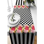 Pelangi Dama Ve Çiçek Desen Leke Tutmaz Kumaş Salon Mutfak Masa Değişik Ranır Modelleri Runner, Siyah-Beyaz-Pembe 40 x 140