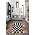 Pelangi Dama Zemin Çiçek Desenli Dijital Baskı Yıkanabilir Kaymaz Taban Modern Salon Halısı, Bej-Siyah 40 x 40
