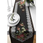 Pelangi Dantel Desenli Çiçekli Leke Tutmaz Kumaş Salon Mutfak Masa Değişik Ranır Modelleri Runner, Siyah-Yeşil-Beyaz 40 x 140