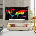 Pelangi Dünya Haritası Desen Leke Tutmaz Kadife Dokulu Kumaş Duvar Örtüsü Duvar Halısı Tapestry - 100 x 140 cm
