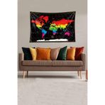 Pelangi Dünya Haritası Desen Leke Tutmaz Kadife Dokulu Kumaş Duvar Örtüsü Duvar Halısı Tapestry WLL062, 70 x 100