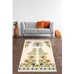 Pelangi Etnik Nakış ve Kuş Desenli Yıkanabilir Kaymaz Taban Leke Tutmaz Salon Halısı Yoluk, Krem-Yeşil 160 x 300