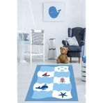 Pelangi Gemici Desenli Deniz Feneri Çapa Yunus Dijital Baskı Yıkanabilir Kaymaz Taban Çocuk Odası Halısı, Mavi-Beyaz 160 x 300