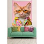 Pelangi Gözlüklü Kedi Leke Tutmaz Kumaş Duvar Örtüsü Duvar Halısı Tapestry PNTR099, 140 x 230