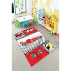 Pelangi Gri F1 Ralli Desenli Yıkanabilir Kaymaz Taban Leke Tutmazbebek Ve Çocuk Odası Halısı, Gri-Kırmızı 120 x 180