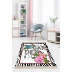Pelangi Jüt Hasır Kilim Görünümlü Dijital Baskılı Kaymaz Taban Yıkanabilir Modern Salon Halısı Antrasit, Beyaz-Pembe 80 x 50