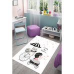 Pelangi Kedi Ve Küçük Kız Dijital Baskı Yıkanabilir Kaymaz Taban Leke Tutmaz Kedili Çocuk Odası Halısı, Beyaz-Siyah 130 x 180