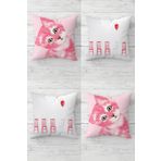 Pelangi Kedili Balonlu Kedi Desenli Gizli Fermuarlı Kırlent Kılıfı Koltuk Yastık Kılıfı Takım(4adet), Pembe-Beyaz 43 x 43