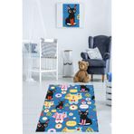 Pelangi Kedili Halı Kedi Desenli Renkli Dijital Baskı Yıkanabilir Kaymaz Taban Bebek ve Çocuk Odası Halısı, Mavi-Siyah 80 x 600