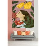 Pelangi Lale Ve Llyumlar Arasındaki Huzurlu Kız Bohem Leke Tutmaz Kumaş Duvar Örtüsü Duvar Halısı Tapestry PNTR087, 35 x 50