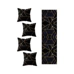 Pelangi Mermer Desenli Salon Mutfak Masa Değişik Ranır Modelleri Dekoratif 4'lü Kırlent Kılıfı ve Runner Set, Lacivert-Gold 40 x 140