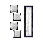 Pelangi Mermer Desenli Salon Mutfak Masa Değişik Ranır Modelleri Dekoratif 4'lü Kırlent Kılıfı ve Runner Set, Lacivert-Gri-Siyah-Beyaz 40 x 140