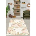 Pelangi Modern Çiçek Desenli Yıkanabilir Kaymaz Taban Leke Tutmaz Çocuk Odası Halısı, Krem 80 x 350