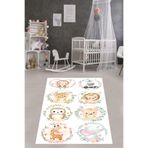 Pelangi Ormandaki Hayvanlar Fil Zebra Maymun Yıkanabilir Kaymaz Taban Leke Tutmaz Çocuk Odası Halısık, Beyaz-Kırmızı 80 x 200, 7642007802001