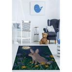 Pelangi Ormandaki Tavşan ve Ay Işığı İskandinav Yıkanabilir Kaymaz Taban Leke Tutmaz Çocuk Odası Halısı, Lacivert-Gri-Yeşil 100 x 150, 764209210015005