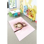 Pelangi Pembe Kuş Desenli Yıkanabilir Kaymaz Taban Leke Tutmazbebek Ve Çocuk Odası Halısı, Pembe-Kahve 130 x 180