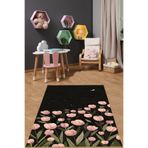 Pelangi Pembe Laleler Flowers Yıkanabilir Kaymaz Taban Leke Tutmaz Çocuk Odası Halısı, Siyah 100 x 350