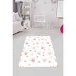 Pelangi Prenses Tacı Kalp Desenli Dijital Baskı Yıkanabilir Kaymaz Taban Leke Tutmaz Çocuk Odası Halısı, Pembe-Beyaz 80 x 250