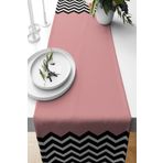 Pelangi Pudra Rengi Siyah Beyaz Zigzag Detay Leke Tutmaz Kumaş Salon Mutfak Masa Ranır Modelleri Runner, Pudra-Siyah 40 x 140