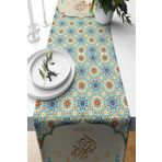 Pelangi Ramadan Çinili Leke Tutmaz Kumaş Salon Mutfak Masa Değişik Ranır Modelleri Runner, Mavi-Sarı-Turuncu 40 x 140