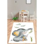 Pelangi Sevimli Fil Ve Yavrusu Yıkanabilir Kaymaz Taban Leke Tutmaz Çocuk Odası Halısı, Gri-Sarı-Beyaz-Yeşil 160 x 250