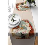 Pelangi Sevimli Kediler Leke Tutmaz Kumaş Salon Mutfak Masa Değişik Ranır Modelleri Runner, Bej-Turuncu 40 x 140