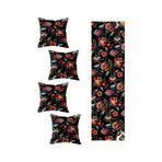 Pelangi Siyah Mandala Salon Mutfak Masa Değişik Ranır Modelleri Dekoratif 4'lü Kırlent Kılıfı ve Runner Seti, Siyah-Mavi-Sarı 40 x 140