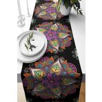 Pelangi Siyah Zeminde Renkli Mandala Desenli Leke Tutmaz Kumaş Salon Mutfak Masa Ranır Modelleri Runner, Siyah 40 x 140