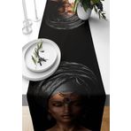 Pelangi Siyah Zeminde Siyahi Kadın Desenli Leke Tutmaz Kumaş Salon Mutfak Masa Ranır Modelleri Runner, Kahverengi-Siyah 40 x 140