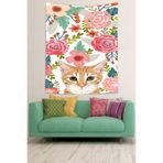 Pelangi Suluboya Çiçekler Ve Sevimli Kedi Leke Tutmaz Kumaş Duvar Örtüsü Duvar Halısı Tapestry PNTR038, 70 x 100