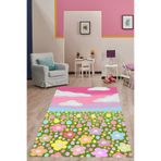 Pelangi Suluboya Floral Ve Bulut Desen Yıkanabilir Kaymaz Taban Leke Tutmaz Çocuk Odası Halısı, Pembe-Lila-Mavi-Yeşil 160 x 230