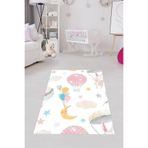 Pelangi Uçan Balon Bulut Desenli Halı Dijital Baskı Yıkanabilir Kaymaz Taban Leke Tutmaz Çocuk Odası Halısı, Beyaz-Pembe 160 x 230
