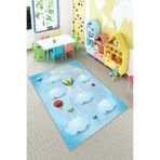 Pelangi Uçan Balon Gökkuşağı Desenli Dijtal Baskılı Yıkanabilir Kaymaz Taban Çocuk Odası Halısı, Bebek Mavi 80 x 600