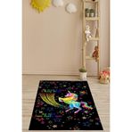 Pelangi Unicorn Desenli Renkli Yıldızlı Dijital Baskılı Kaymaz Taban Yıkanabilir Çocuk Ve Bebek Odası Halısı, Siyah 120 x 180