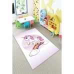 Pelangi Unicorn ve Gökkuşağı Desenli Dijital Baskılı Yıkanabilir Kaymaz Taban Çocuk Odası Halısı, Pembe-Beyaz 60 x 120