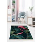 Pelangi Yeşil Yaprak Flamingo Desen Gold Çerçeveli Etnik Dijital Baskı Yıkanabilir Modern Salon Halı Yolluk, Pembe 80 x 250
