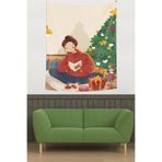 Pelangi Yılbaşı Kartı Okuyan Kız Çam Ağacı Temalı Leke Tutmaz Kumaş Duvar Örtüsü Duvar Halısı Tapestry PNTR135, 70 x 100