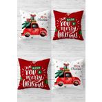 Pelangi Yılbaşı Merry Christmas Gizli Fermuarlı Kırlent Kılıfı Koltuk Yastık Kılıfı Takım(4adet), Kırmızı-Beyaz 45 x 45