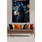 Pelangi Yıldızlı Geceler Ve Sevimli Kedi Leke Tutmaz Kumaş Duvar Örtüsü Duvar Halısı Tapestry GOGH004, 140 x 230