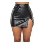 Pelisy Kadın Seksi Yüksek Bel Wrap PU Deri Etekler İnce Suni Deri Bölünmüş Mini Etek Streç Skinny Kalem Etekleri, Siyah, L