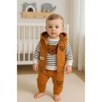 Peluş Ayıcık Desenli Kapişonlu 3'lü Erkek Bebek Takımı 3-18 Ay - Turuncu - 12 - 18 Ay