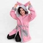 Pelüş sabahlık,bornoz, yumuşak polar sabahlık, kapüşonlu ve cepli, pelüş sıcak ev mantosu, uzun,sauna bornozu, spa ve tatil için (Pembe, Standart)
