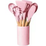 Pembe 12 Parça Ahşap Sap Silikon Mutfak Pasta Silikon Kepçe Çırpıcı Fırça Kevgir Kaşıklık Maşa Spatula Set
