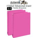 Pembe 4 Halkalı Klasör 2 Adet A4 PVC Öğrenci ve Ofis Tipi Evrak Sunum Klasörü İç Cepli Otomatik Mekanizmalı Büro